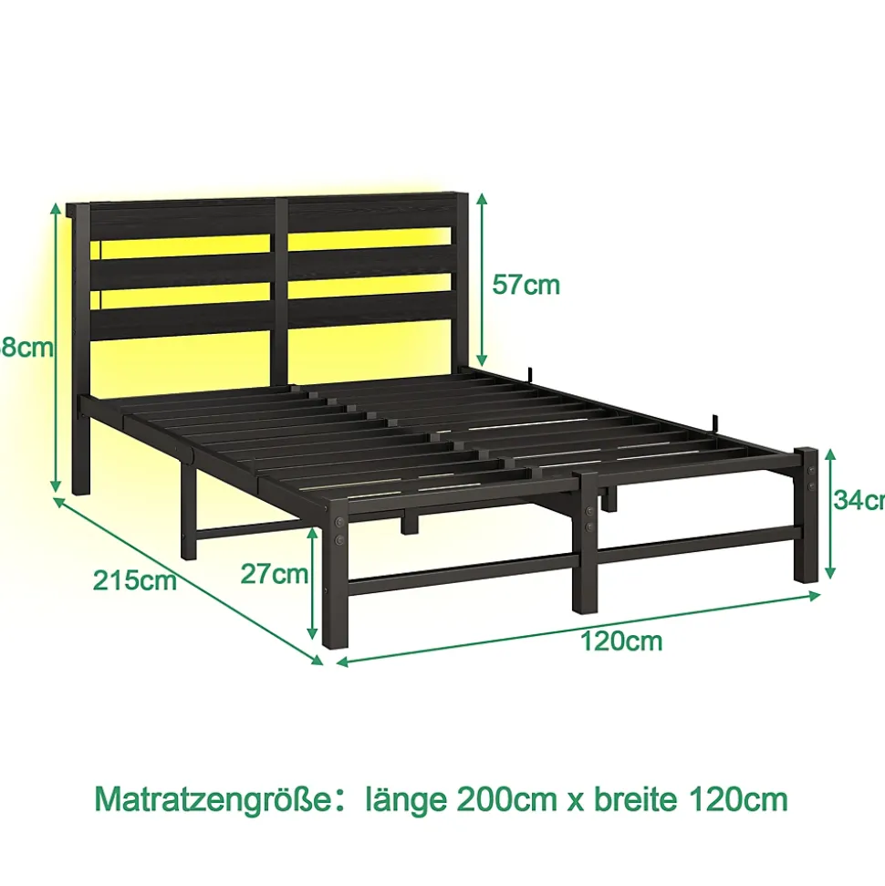 Lit Simple 120x200 cm, Lit Métal Ado avec Éclairage LED et Prises USB, Rangement dessous, Sans Matelas, Métal et Bois, Noir