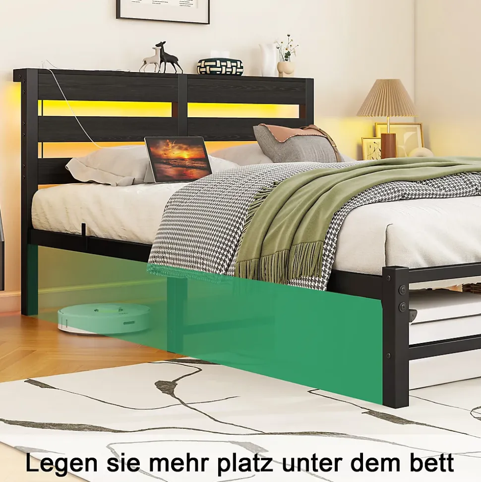 Lit Simple 120x200 cm, Lit Métal Ado avec Éclairage LED et Prises USB, Rangement dessous, Sans Matelas, Métal et Bois, Noir