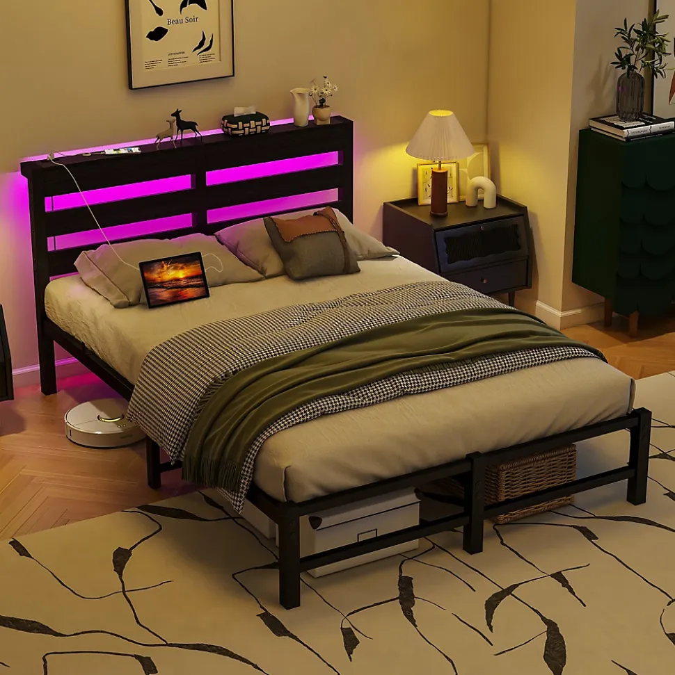 Lit Simple 120x200 cm, Lit Métal Ado avec Éclairage LED et Prises USB, Rangement dessous, Sans Matelas, Métal et Bois, Noir