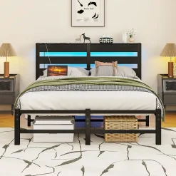 Lit Simple 120x200 cm, Lit Métal Ado avec Éclairage LED et Prises USB, Rangement dessous, Sans Matelas, Métal et Bois, Noir