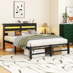 Lit Simple 120x200 cm, Lit Métal Ado avec Éclairage LED et Prises USB, Rangement dessous, Sans Matelas, Métal et Bois, Noir