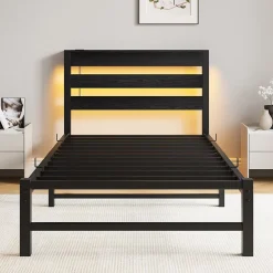 Lit Simple 90x200 cm, Lit Métal Ado avec Éclairage LED et Prises USB, Rangement dessous, Sans Matelas, Métal et Bois, Noir