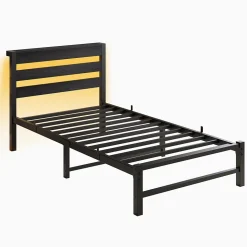 Lit Simple 90x200 cm, Lit Métal Ado avec Éclairage LED et Prises USB, Rangement dessous, Sans Matelas, Métal et Bois, Noir