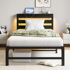 Lit Simple 90x200 cm, Lit Métal Ado avec Éclairage LED et Prises USB, Rangement dessous, Sans Matelas, Métal et Bois, Noir