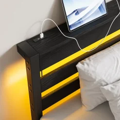 Lit Simple 90x200 cm, Lit Métal Ado avec Éclairage LED et Prises USB, Rangement dessous, Sans Matelas, Métal et Bois, Noir