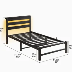 Lit Simple 90x200 cm, Lit Métal Ado avec Éclairage LED et Prises USB, Rangement dessous, Sans Matelas, Métal et Bois, Noir