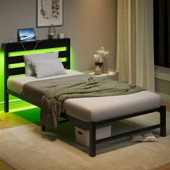 Lit Simple 90x200 cm, Lit Métal Ado avec Éclairage LED et Prises USB, Rangement dessous, Sans Matelas, Métal et Bois, Noir