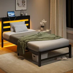 Lit Simple 90x200 cm, Lit Métal Ado avec Éclairage LED et Prises USB, Rangement dessous, Sans Matelas, Métal et Bois, Noir