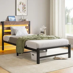 Lit Simple 90x200 cm, Lit Métal Ado avec Éclairage LED et Prises USB, Rangement dessous, Sans Matelas, Métal et Bois, Noir, Brun