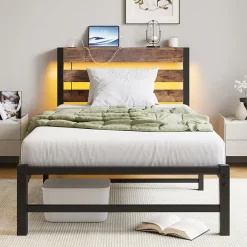 Lit Simple 90x200 cm, Lit Métal Ado avec Éclairage LED et Prises USB, Rangement dessous, Sans Matelas, Métal et Bois, Noir, Brun