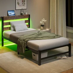 Lit Simple 90x200 cm, Lit Métal Ado avec Éclairage LED et Prises USB, Rangement dessous, Sans Matelas, Métal et Bois, Noir, Brun