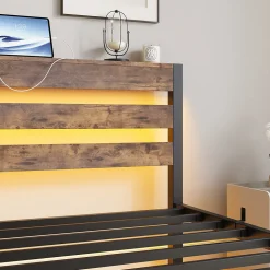 Lit Simple 90x200 cm, Lit Métal Ado avec Éclairage LED et Prises USB, Rangement dessous, Sans Matelas, Métal et Bois, Noir, Brun