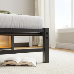 Lit Simple 90x200 cm, Lit Métal Ado avec Éclairage LED et Prises USB, Rangement dessous, Sans Matelas, Métal et Bois, Noir, Brun