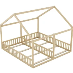 Lit simple 90x200 cm modèle maison naturel, lit bas 2-en-1 pour enfants et adolescents, design ludique et multifonction