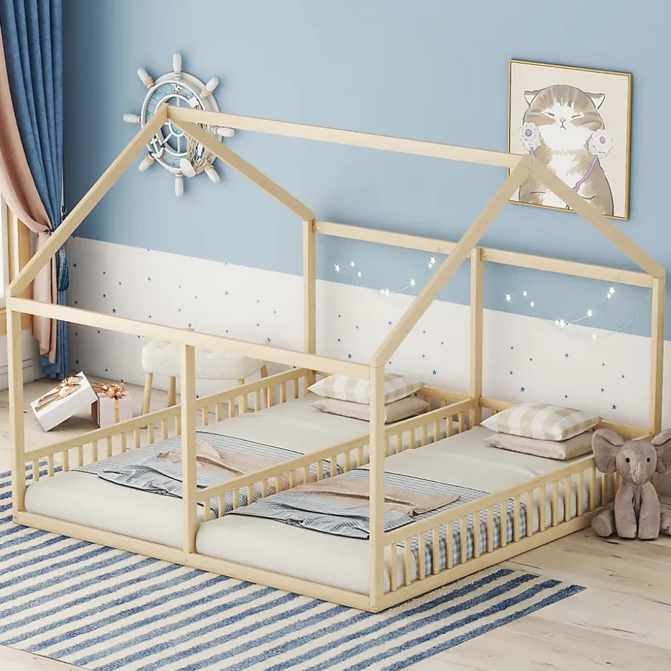 Lit simple 90x200 cm modèle maison naturel, lit bas 2-en-1 pour enfants et adolescents, design ludique et multifonction