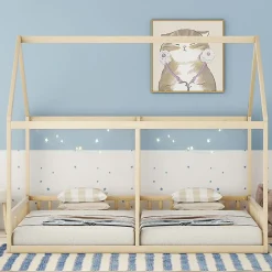 Lit simple 90x200 cm modèle maison naturel, lit bas 2-en-1 pour enfants et adolescents, design ludique et multifonction