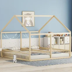 Lit simple 90x200 cm modèle maison naturel, lit bas 2-en-1 pour enfants et adolescents, design ludique et multifonction