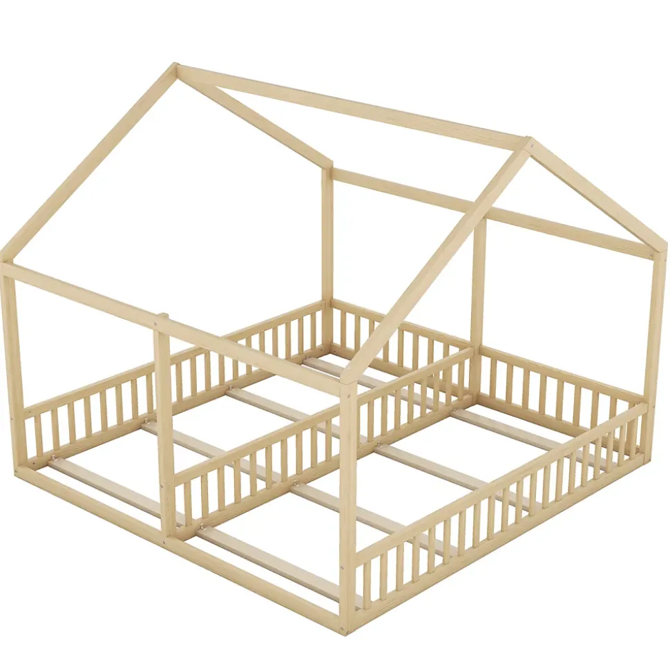 Lit simple 90x200 cm modèle maison naturel, lit bas 2-en-1 pour enfants et adolescents, design ludique et multifonction