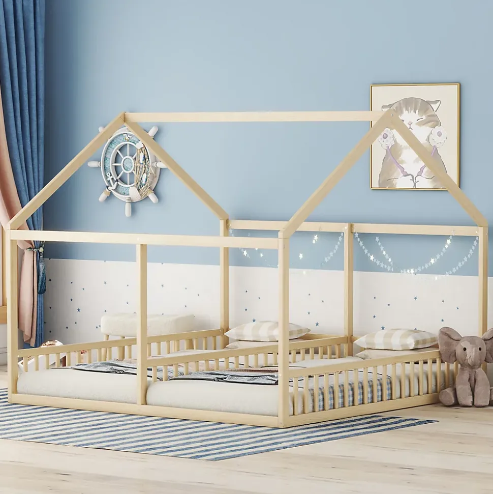 Lit simple 90x200 cm modèle maison naturel, lit bas 2-en-1 pour enfants et adolescents, design ludique et multifonction