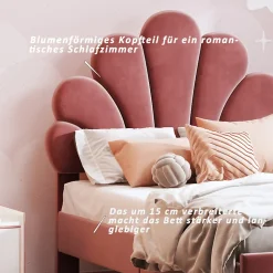 Lit simple 90x200 cm rouge, rembourré velours, tête fleur, sommier à lattes, cadre stable, idéal pour enfant