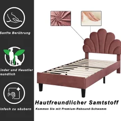 Lit simple 90x200 cm rouge, rembourré velours, tête fleur, sommier à lattes, cadre stable, idéal pour enfant