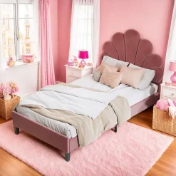 Lit simple 90x200 cm rouge, rembourré velours, tête fleur, sommier à lattes, cadre stable, idéal pour enfant