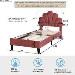 Lit simple 90x200 cm rouge, rembourré velours, tête fleur, sommier à lattes, cadre stable, idéal pour enfant