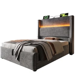 Lit simple 90x200 cm, tête haute, LED/USB, hydraulique, lin - gris