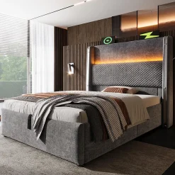 Lit simple 90x200 cm, tête haute, LED/USB, hydraulique, lin - gris