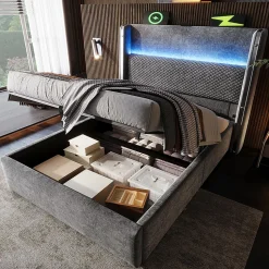 Lit simple 90x200 cm, tête haute, LED/USB, hydraulique, lin - gris