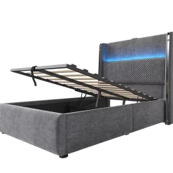 Lit simple 90x200 cm, tête haute, LED/USB, hydraulique, lin - gris