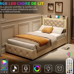 Lit simple 90x200 cm velours beige avec tiroirs, rangement tête et lit à gaz, LED, ports USB et Type-C, design moderne