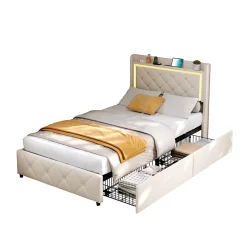 Lit simple 90x200 cm velours beige avec tiroirs, rangement tête et lit à gaz, LED, ports USB et Type-C, design moderne