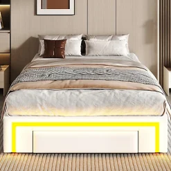 Lit simple 90x200cm - 2 tiroirs - sans tête de lit - LED - blanc (matelas non inclus)