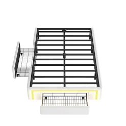 Lit simple 90x200cm - 2 tiroirs - sans tête de lit - LED - blanc (matelas non inclus)