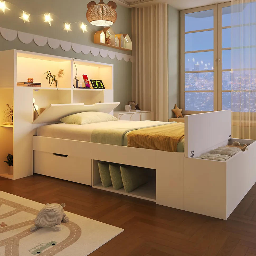 Lit simple 90x200cm - avec lumière LED et port USB - avec banc coffre - grand espace de rangement - Blanc (sans matelas)