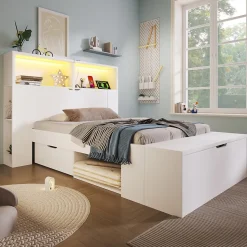 Lit simple 90x200cm - avec lumière LED et port USB - avec banc coffre - grand espace de rangement - Blanc (sans matelas)