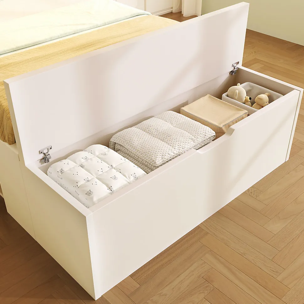 Lit simple 90x200cm - avec lumière LED et port USB - avec banc coffre - grand espace de rangement - Blanc (sans matelas)