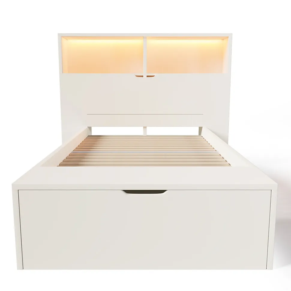 Lit simple 90x200cm - avec lumière LED et port USB - avec banc coffre - grand espace de rangement - Blanc (sans matelas)