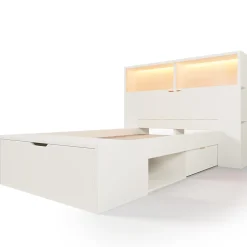 Lit simple 90x200cm - avec lumière LED et port USB - avec banc coffre - grand espace de rangement - Blanc (sans matelas)