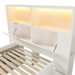 Lit simple 90x200cm - avec lumière LED et port USB - avec banc coffre - grand espace de rangement - Blanc (sans matelas)