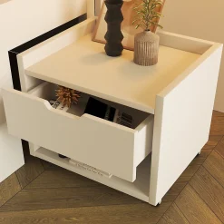 Lit simple 140x200cm - LED - USB-C - rangements - table de chevet mobile - blanc (matelas non inclus)