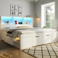 Lit simple 140x200cm - LED - USB-C - rangements - table de chevet mobile - blanc (matelas non inclus)