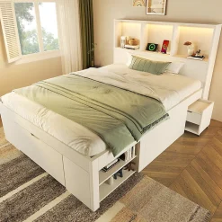 Lit simple 90x200cm - LED - USB-C - rangements - table de chevet mobile - blanc (matelas non inclus)