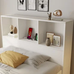 Lit simple 90x200cm - LED - USB-C - rangements - table de chevet mobile - blanc (matelas non inclus)