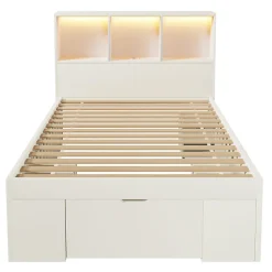 Lit simple 90x200cm - LED - USB-C - rangements - table de chevet mobile - blanc (matelas non inclus)