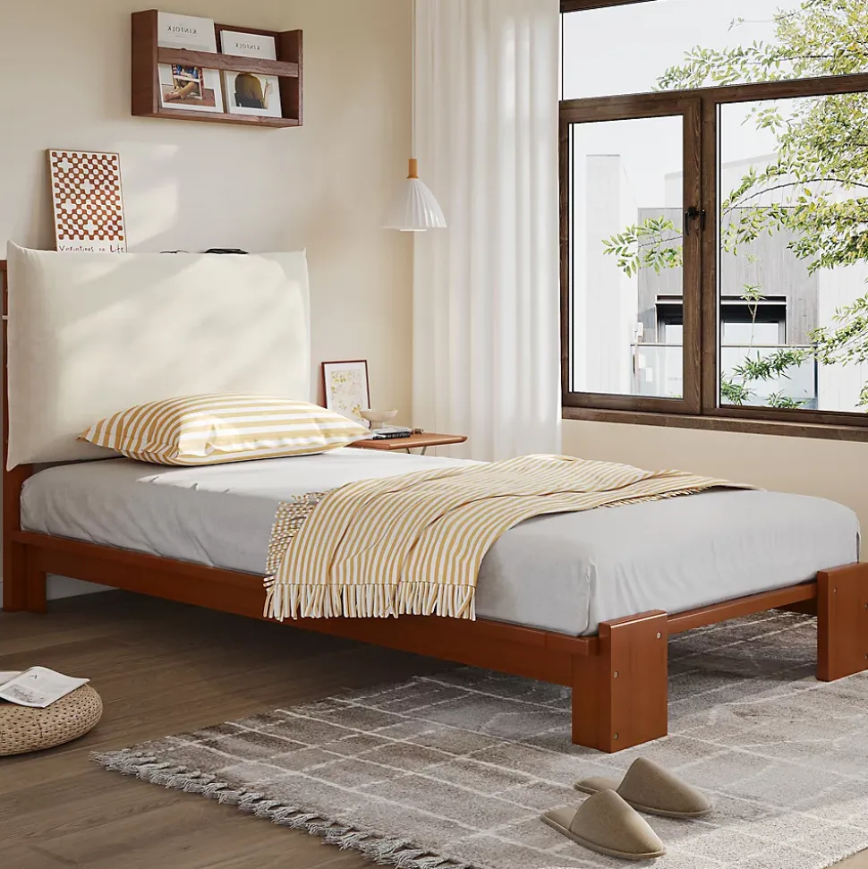 Lit simple 90x200cm - tête de lit rembourrée amovible - bois massif + éponge + contreplaqué - Brun (matelas non inclus)