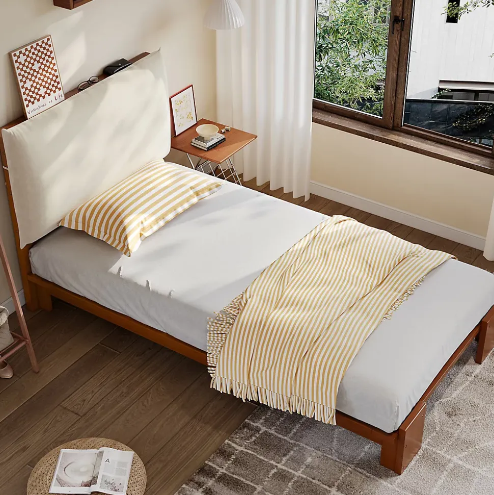 Lit simple 90x200cm - tête de lit rembourrée amovible - bois massif + éponge + contreplaqué - Brun (matelas non inclus)