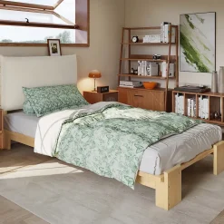 Lit simple 90x200cm - tête de lit rembourrée amovible - bois massif + éponge + contreplaqué - Naturel (matelas non inclus)