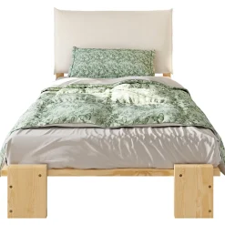 Lit simple 90x200cm - tête de lit rembourrée amovible - bois massif + éponge + contreplaqué - Naturel (matelas non inclus)